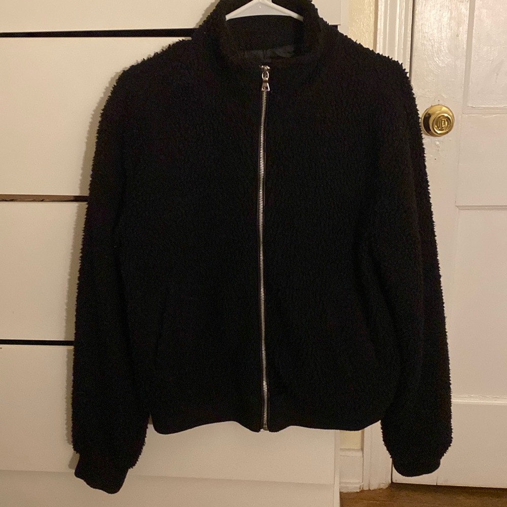 Womens black furry bomber jacket